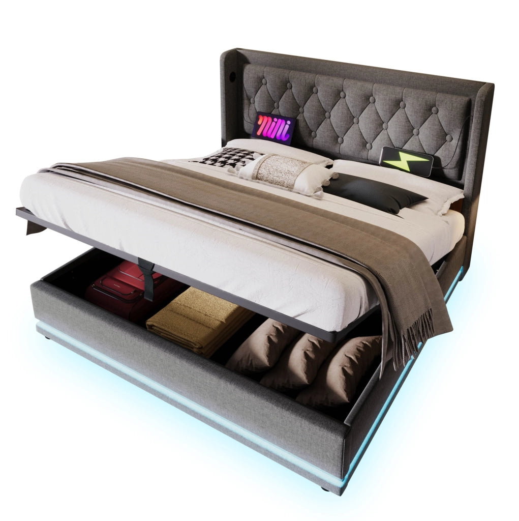 Letto matrimoniale 140x200 cm in cotone; grigio; con contenitore idraulico; LED e USB-C