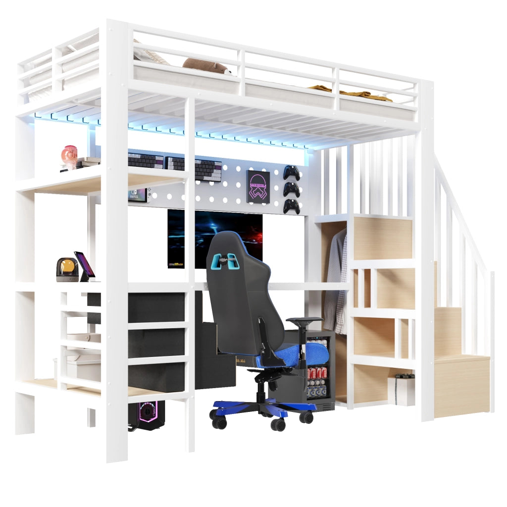 Letto a soppalco singolo 90×200 cm con scrivania; cassetto; LED e presa; senza materasso; MDF e metallo; bianco