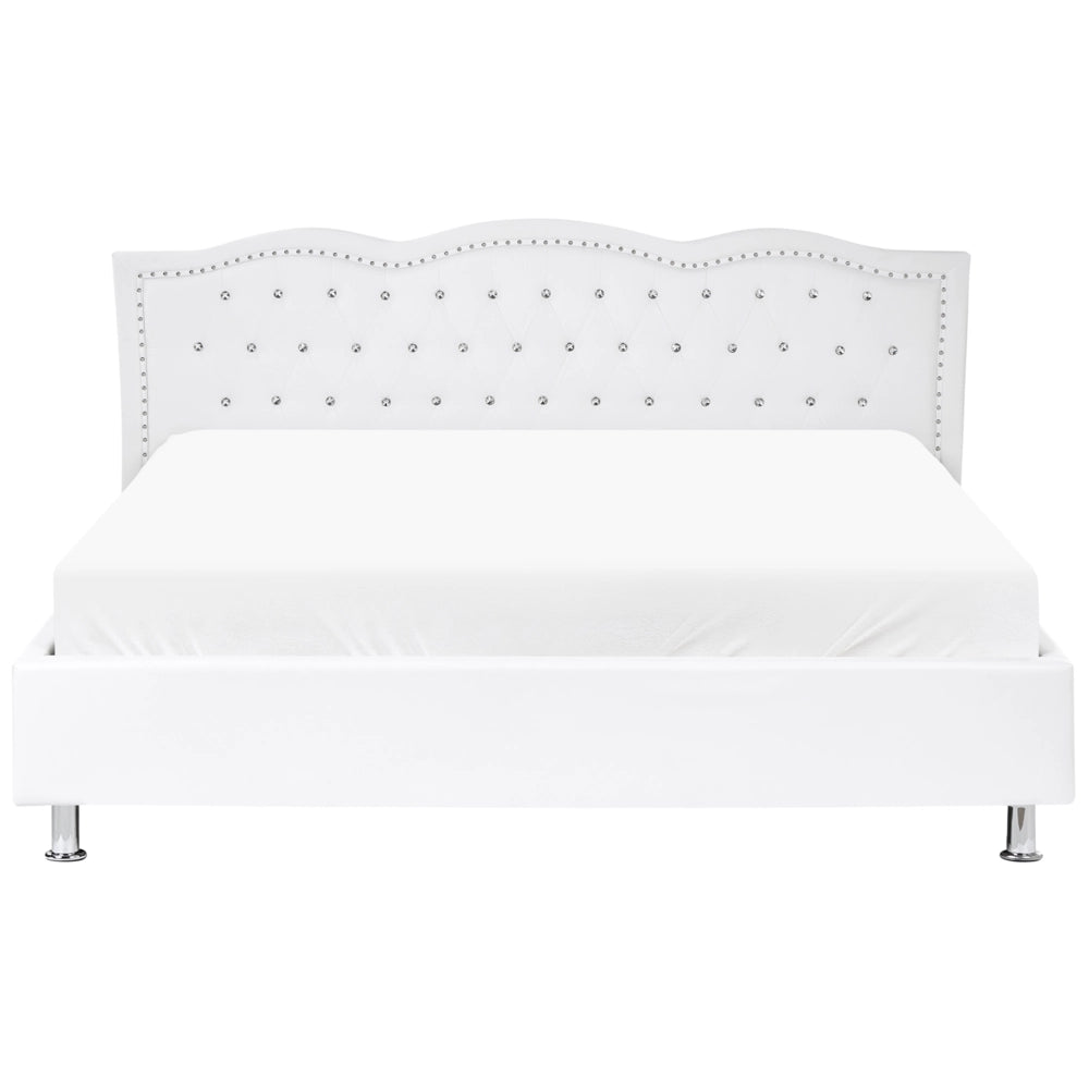 Letto 180 x 200 cm in ecopelle bianca da 1,80 con cornice imbottita bottoncini in cristallo con finiture per la testa dei chiodi