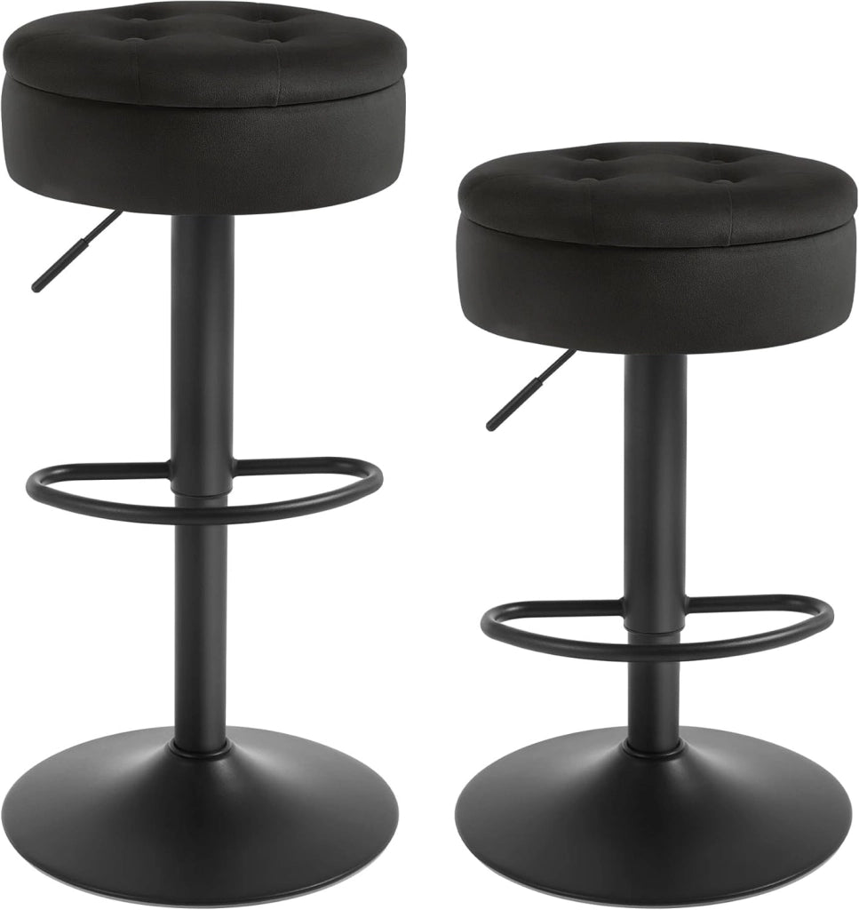 Set di 2 Sgabelli da Cucina, Sgabelli da Bar Alti con Spazio Contenitivo, Sedia Regolabili in Altezza e Girevoli a 360°, per Cucina Sala da Pranzo Bar Bancone, Velluto, Metallo, Nero