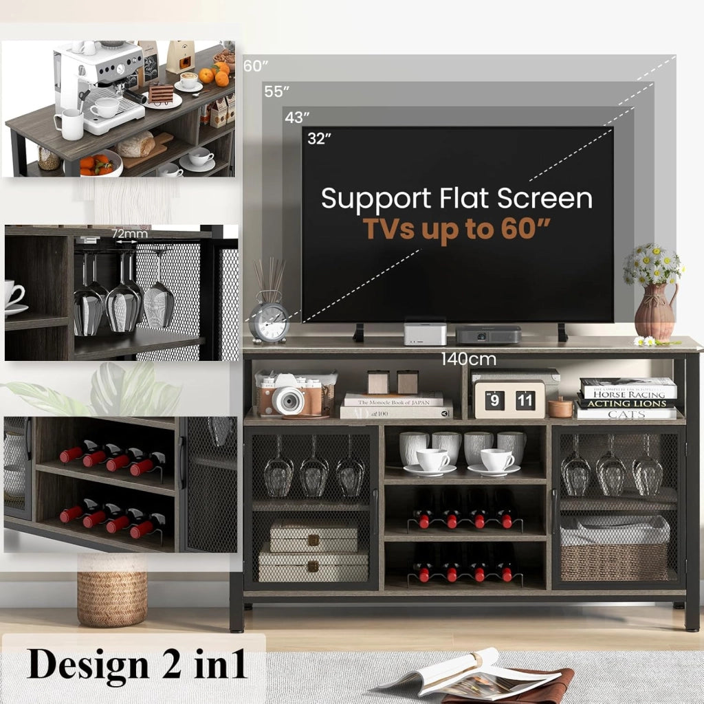 Credenza da Cucina con Portabottiglie e Portabicchieri, Mobiletto Porta TV 60", Armadietto Portaoggetti con Contenitore per Sala da Pranzo, Soggiorno, 140 x 40 x 82,5 cm (Grigio)
