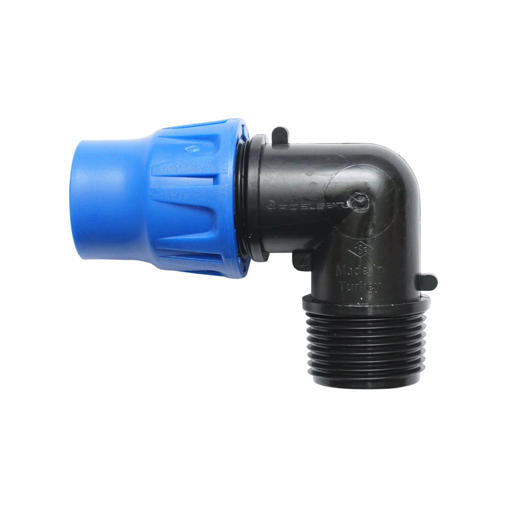 Gomito per tubo di gocciolamento con filettatura esterna D20mmx3/4 per sistemi di irrigazione, PN6