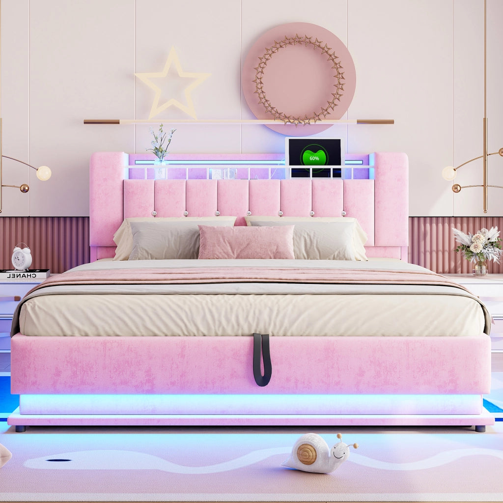 OKWISH Letto Contenitore 180×200 cm, Letto Matrimoniale con LED, USB, Tipo C e Contenitore Idraulico, senza Materasso, in Velluto, Rosa