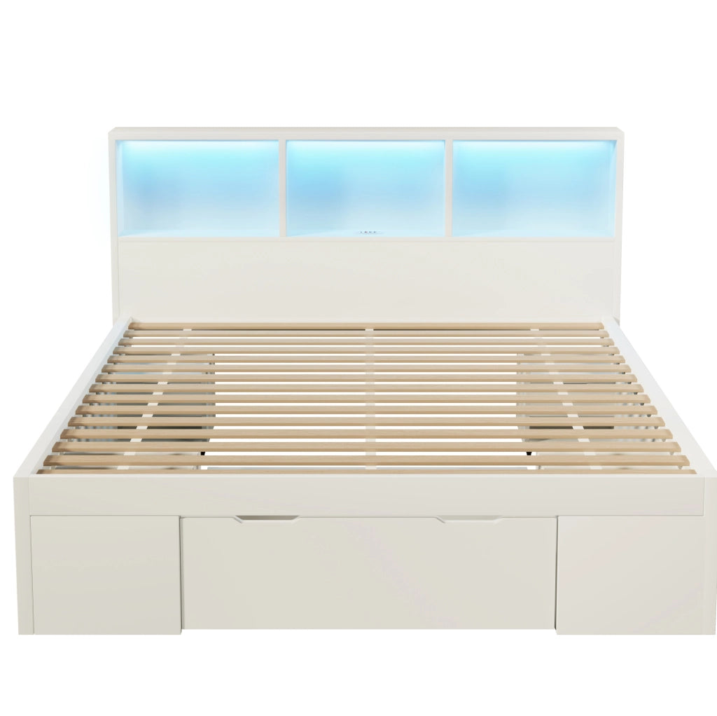 Letto matrimoniale 140x200 cm in legno bianco con LED; USB Type-C; comodini mobili e contenitore