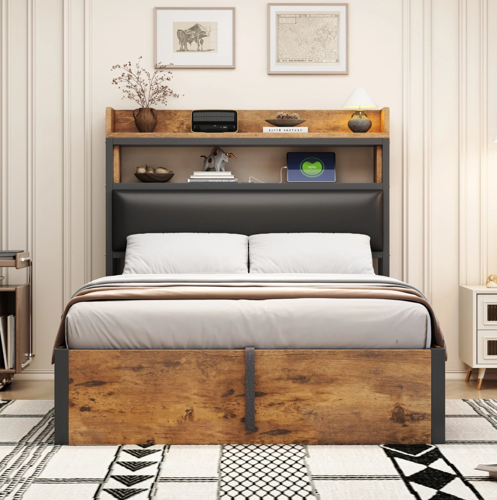 Letto singolo 90x200 cm con contenitore; meccanismo idraulico; USB; nero
