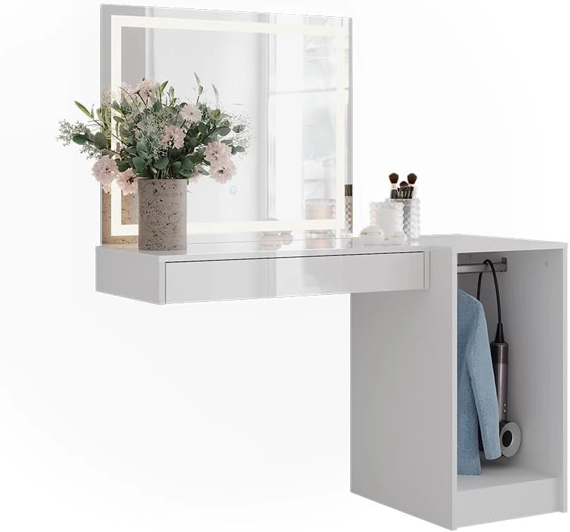 Tavolo da toeletta Sherry, Bianco/bianco lucido, 120 cm 3 parti, con illuminazione LED e grande specchio per la cura quotidiana
