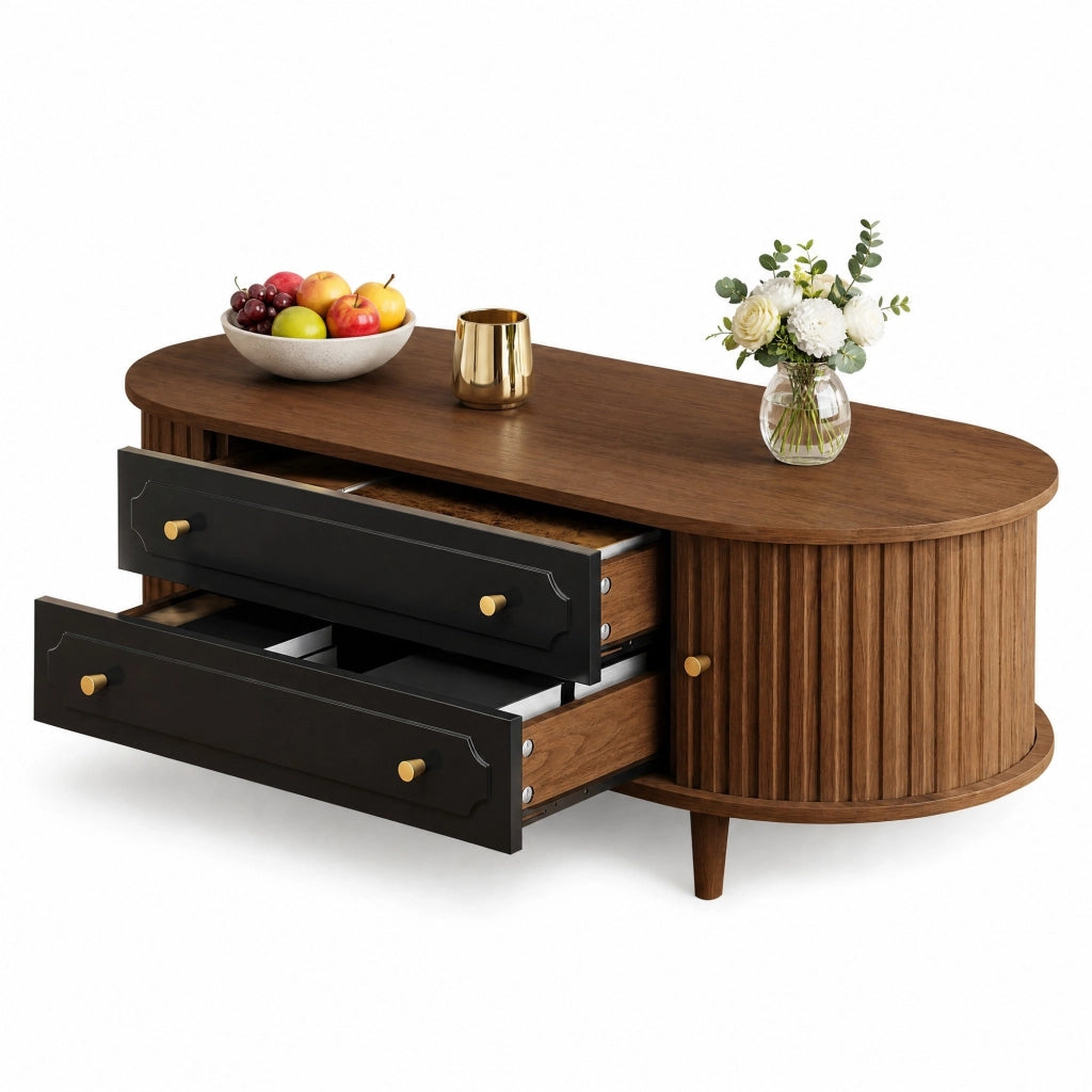 Tavolino da salotto 100 x 50 x 36 cm in effetto noce con 2 cassetti e 2 ante a rullo
