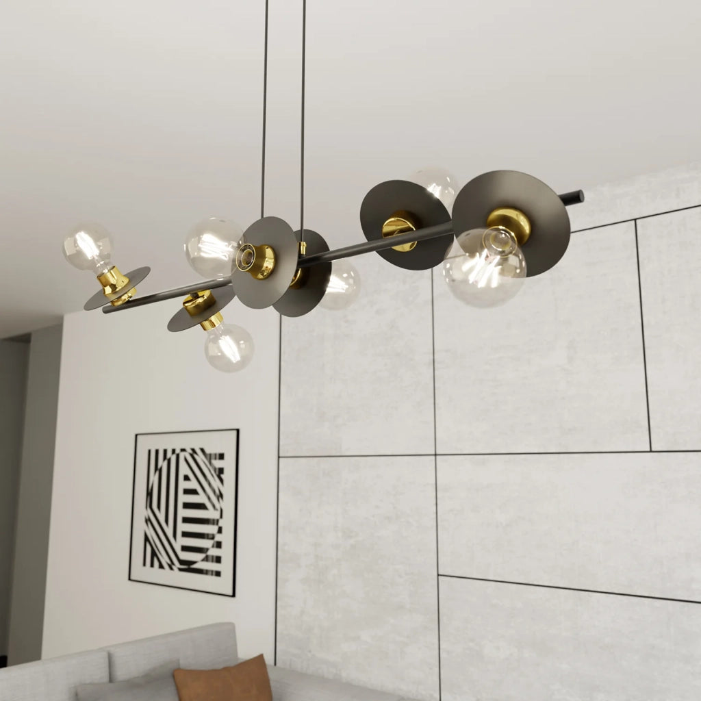 Lampadario 6 Luci Eos In Acciaio Nero E Oro Con Barra E Diffusori A Piatti