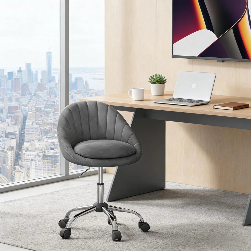 Sedia da ufficio girevole con Altezza Regolabile, Design Ergonomico e Ruote, in Velluto, Grigio Scuro
