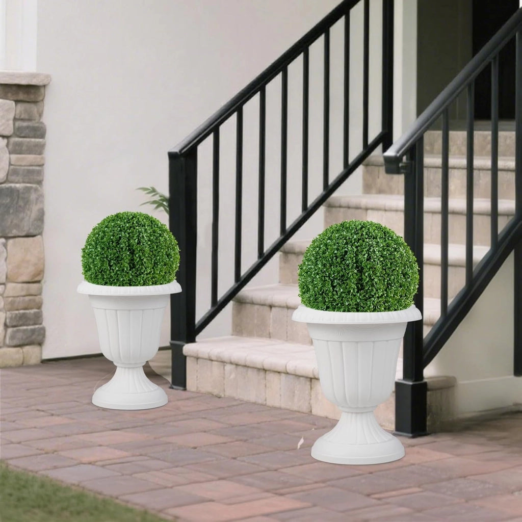 Set di 2 Vasi Alti, Vasi per Fiori in Plastica a Forma di Urna con Base a Piedistallo e Foro di Drenaggio, Contenitori Decorativi per Piante per Interni ed Esterni (Bianco)
