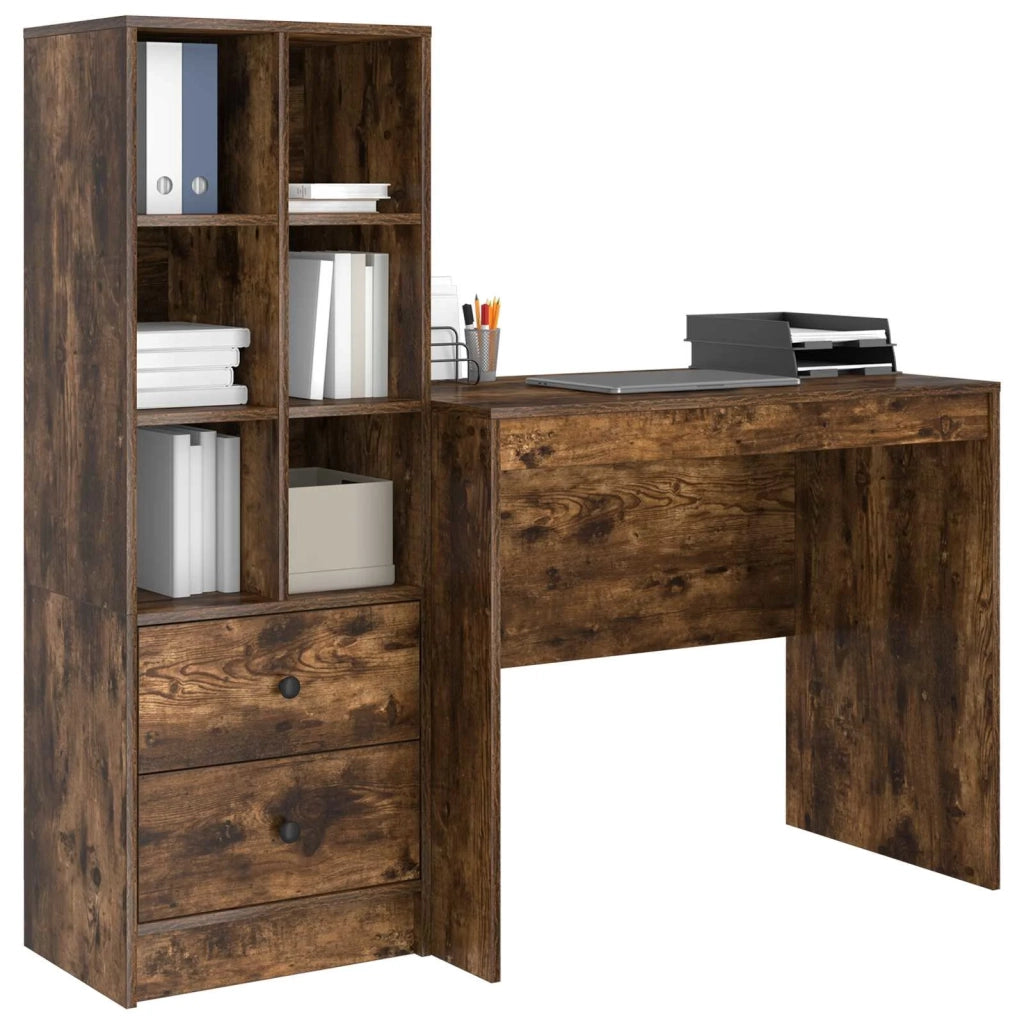 Scrivania | Tavolo da Ufficio con cassetto con lo scaffale 2 pz Rovere fum¨¦