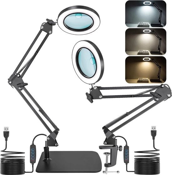 Vergrootglas con Illuminazione - Vergrootglas con luce e standar 10X 15X lampada LED a led con chiodo e base lampada da tavolo con 3 modalità di colore regolabile per hobby artigianato lampada da lavoro LED lampada da lettura