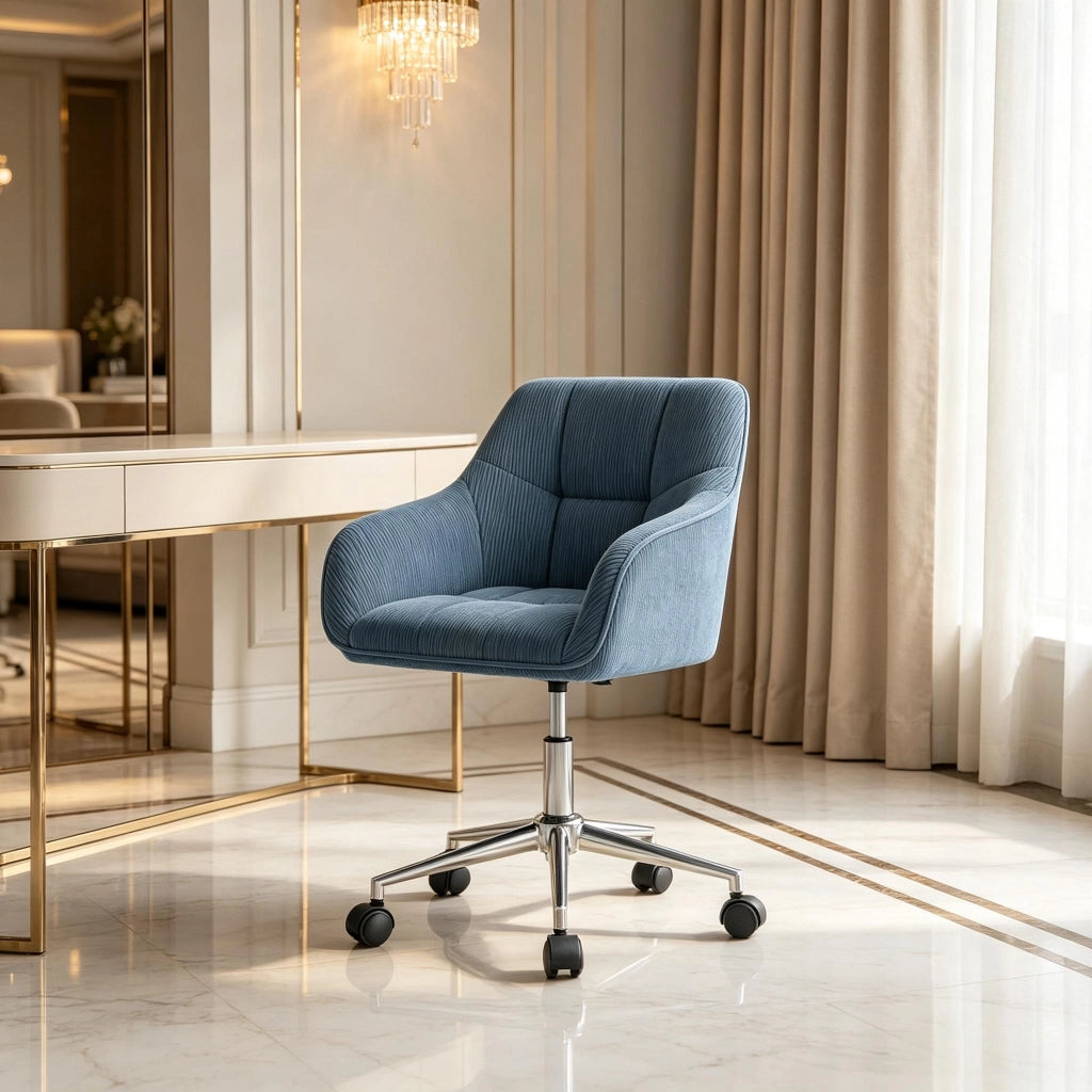SEDIA UFFICIO girevole ergonomica blu in corduroy e metallo
