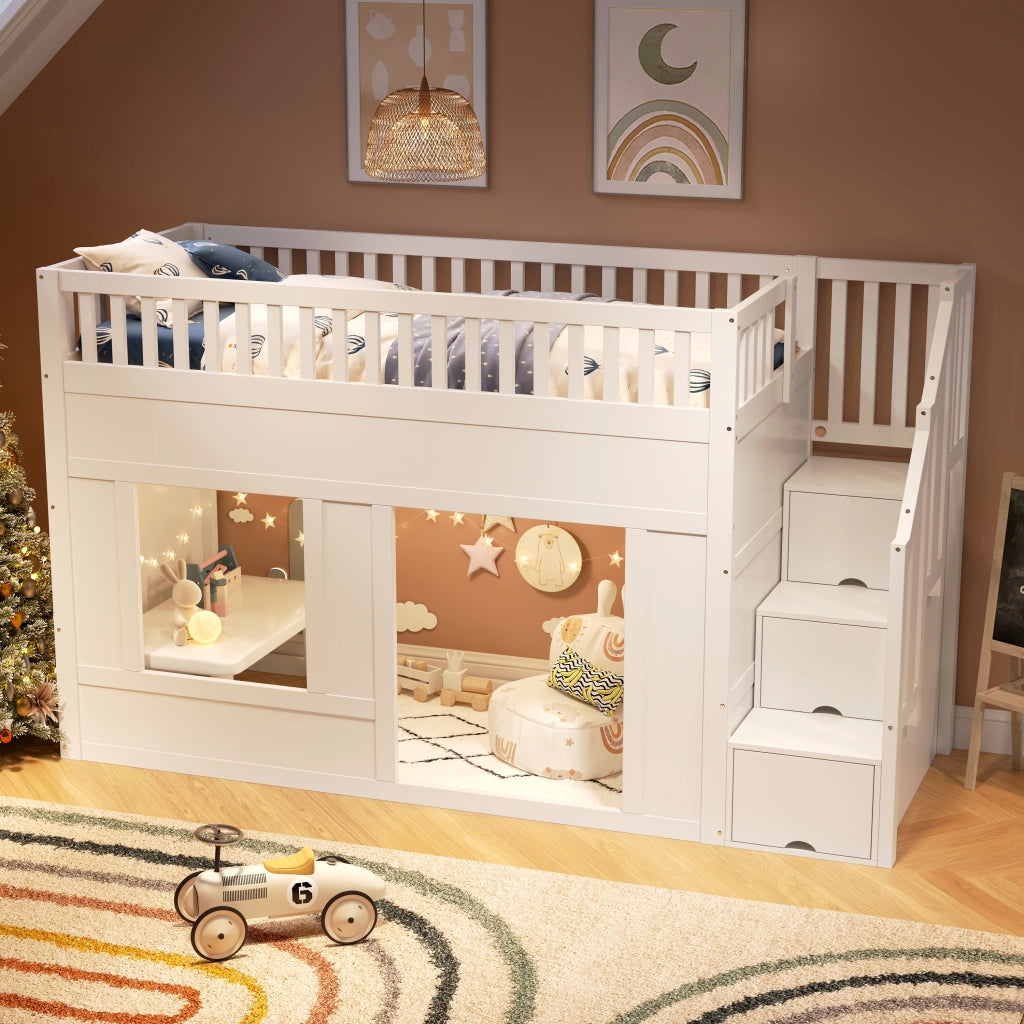 Letto a castello 90×200 cm 1 posto letto con scala contenitore e spazio gioco; senza materasso; in legno e MDF bianco