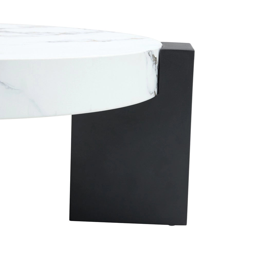 Tavolino Rotondo da Salotto ¨C MINIMAL ¨C Vetro Temperato Trasparente, MDF Nero, Effetto Marmo Bianco
