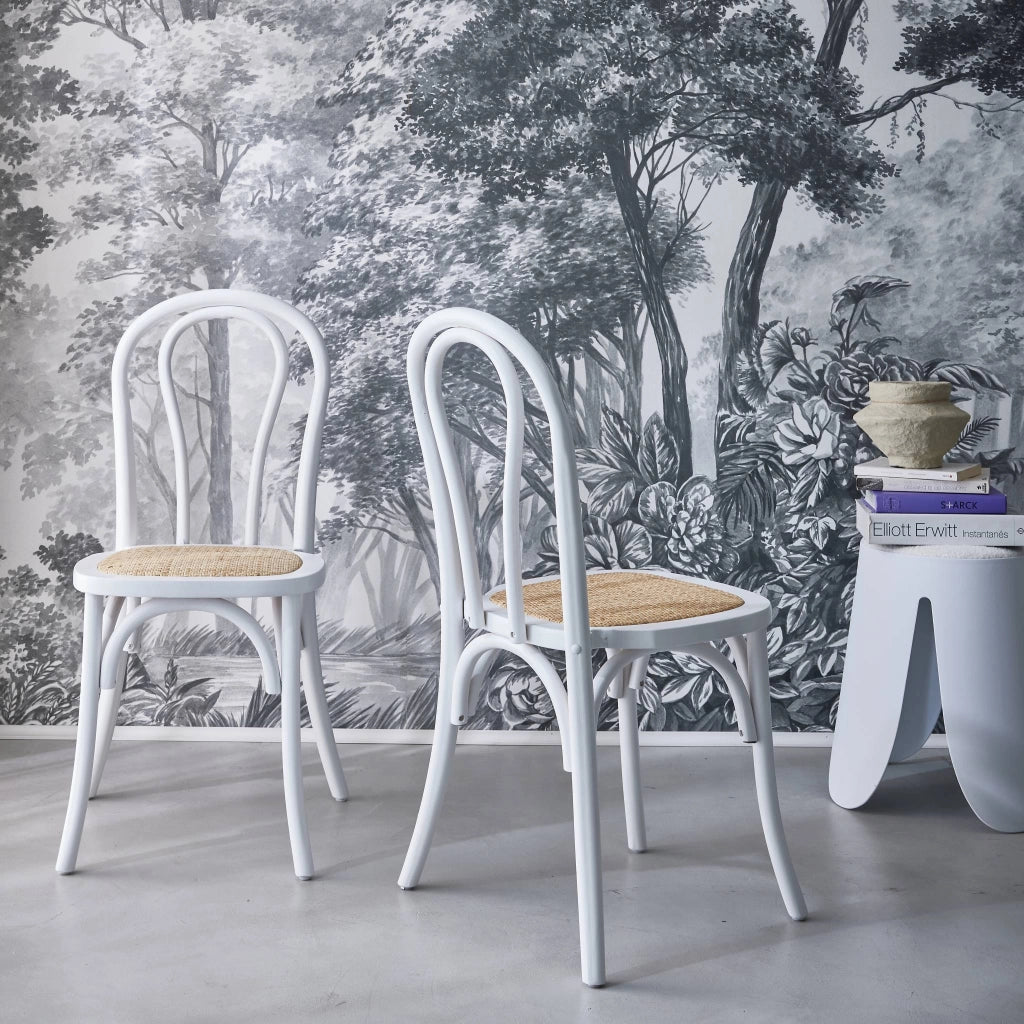 Set 2 sedie vintage in legno e rattan, bianco