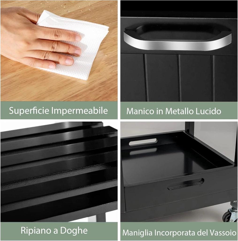 Carrello da Cucina con Ruote, Credenza Cucina con 4 Ripiani e 3 Cassetti, in Legno, Ideale per Cucina Ristorante e Bar, 67 x 37 x 83,5 cm (Nero)