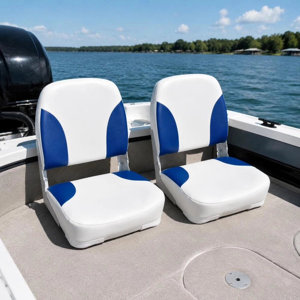 Boat Seats, 2 Pieces. Folding Backrest With Blue And White Cushion.