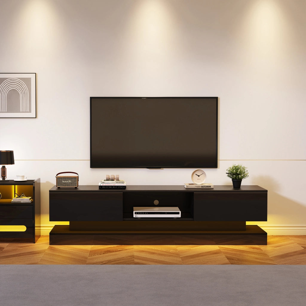 Mobile TV da Soggiorno Lucido con LED e 2 Cassetti ¨C MINIMAL ¨C Nero, 160x35x40,5 cm