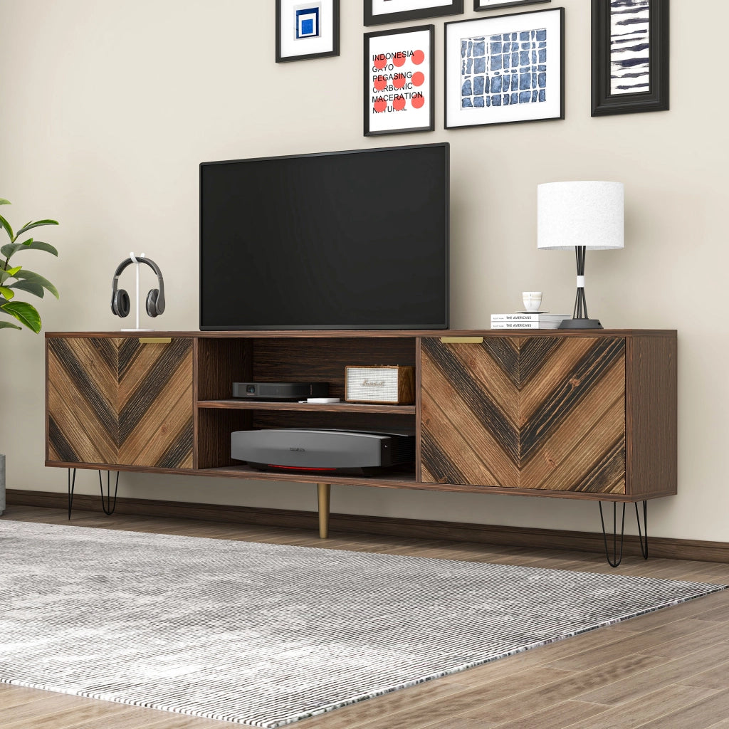 OKWISH Mobile TV con 2 Ante e 2 Vani, Maniglie Dorate e Gambe in Ferro, Naturale, 155×38×48 cm