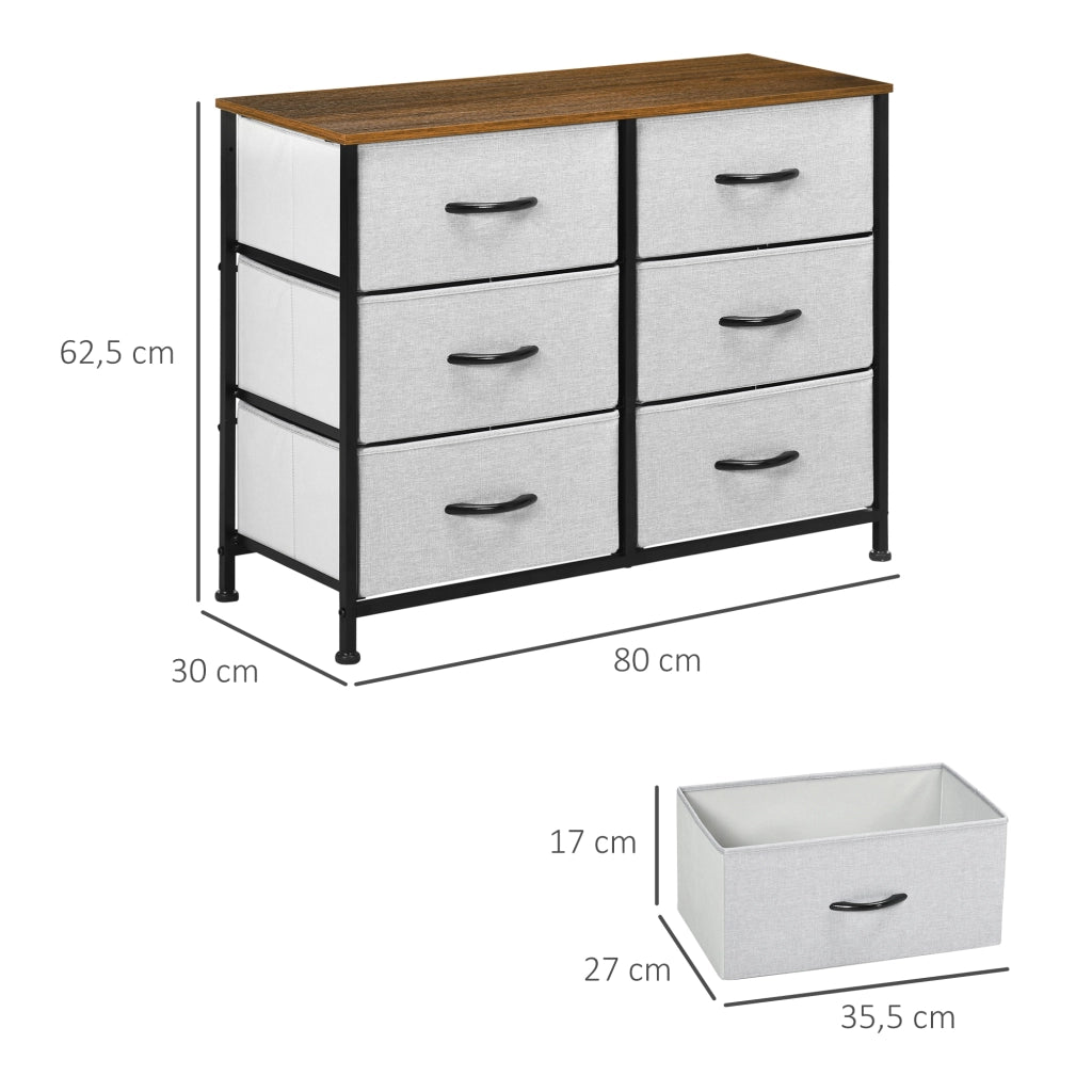 CASSETTIERA 80x30x62,5 cm Grigia in MDF con 6 cassetti in tessuto