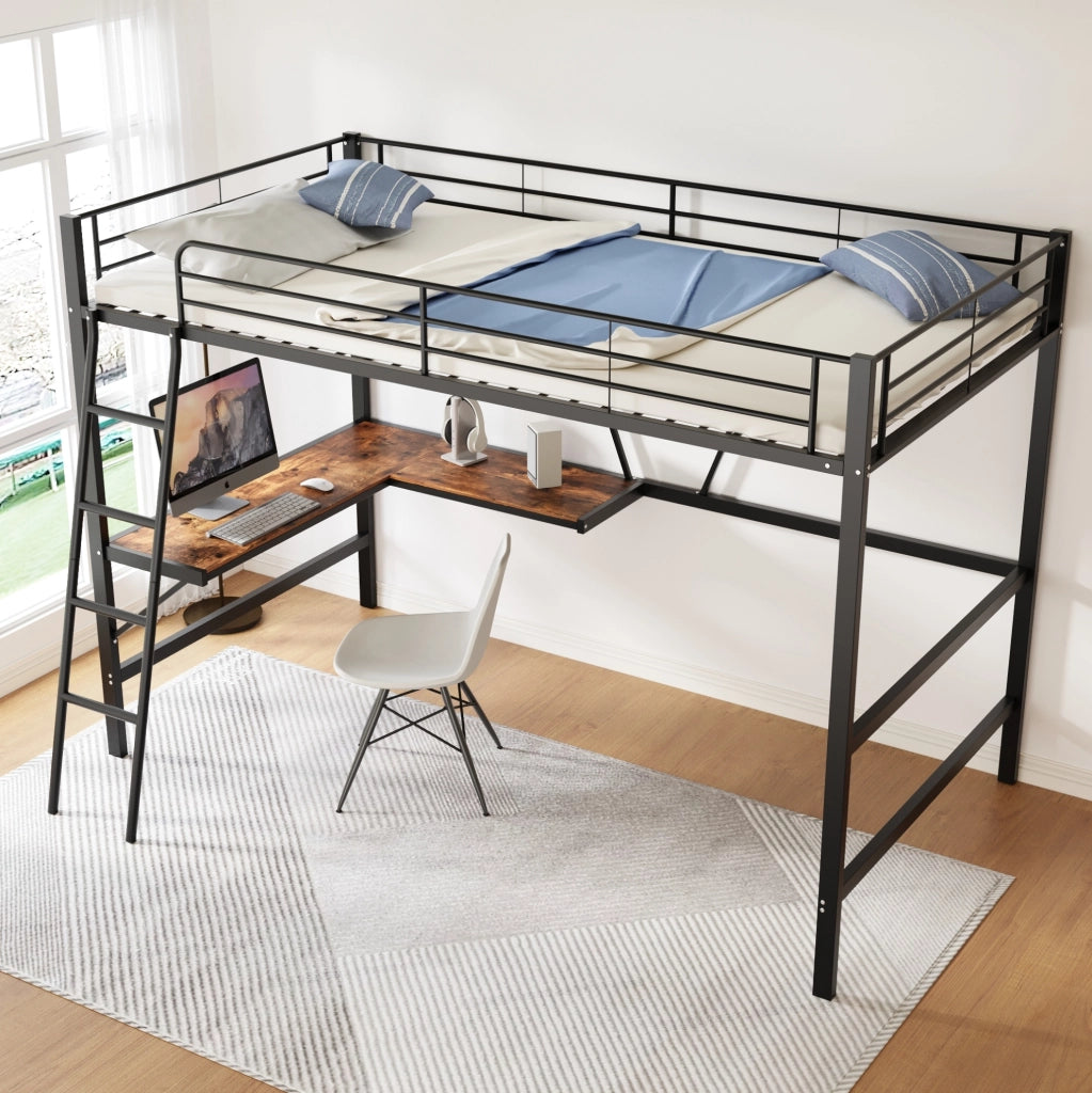 Letto a soppalco 90x200 cm con scrivania a L e mensola; metallo e MDF; nero