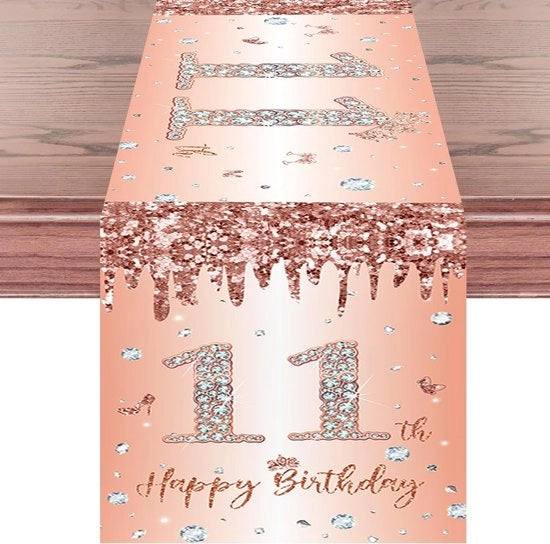 Tavolo da festa per l'undicesimo compleanno ragazza in tulle rosa, Happy 11° compleanno, tovaglia da tavola per l'undicesimo compleanno, 180x35 cm