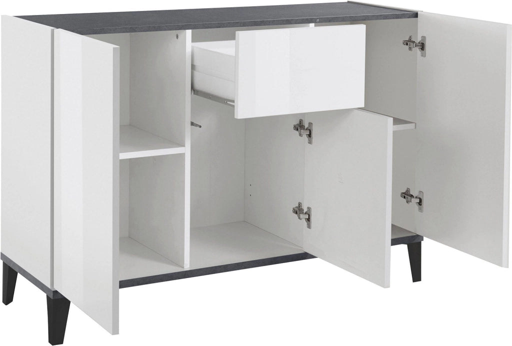 Credenza 3 Ante + 1 cassetto 120x40x82 cm Sunrise Bianco Lucido e Ardesia