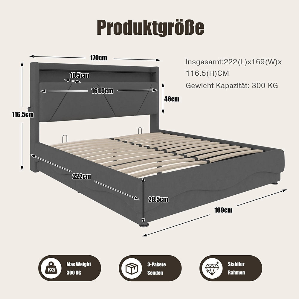 Letto 160x200cm imbottito - Xylo - LED USB tasche laterali idraulico