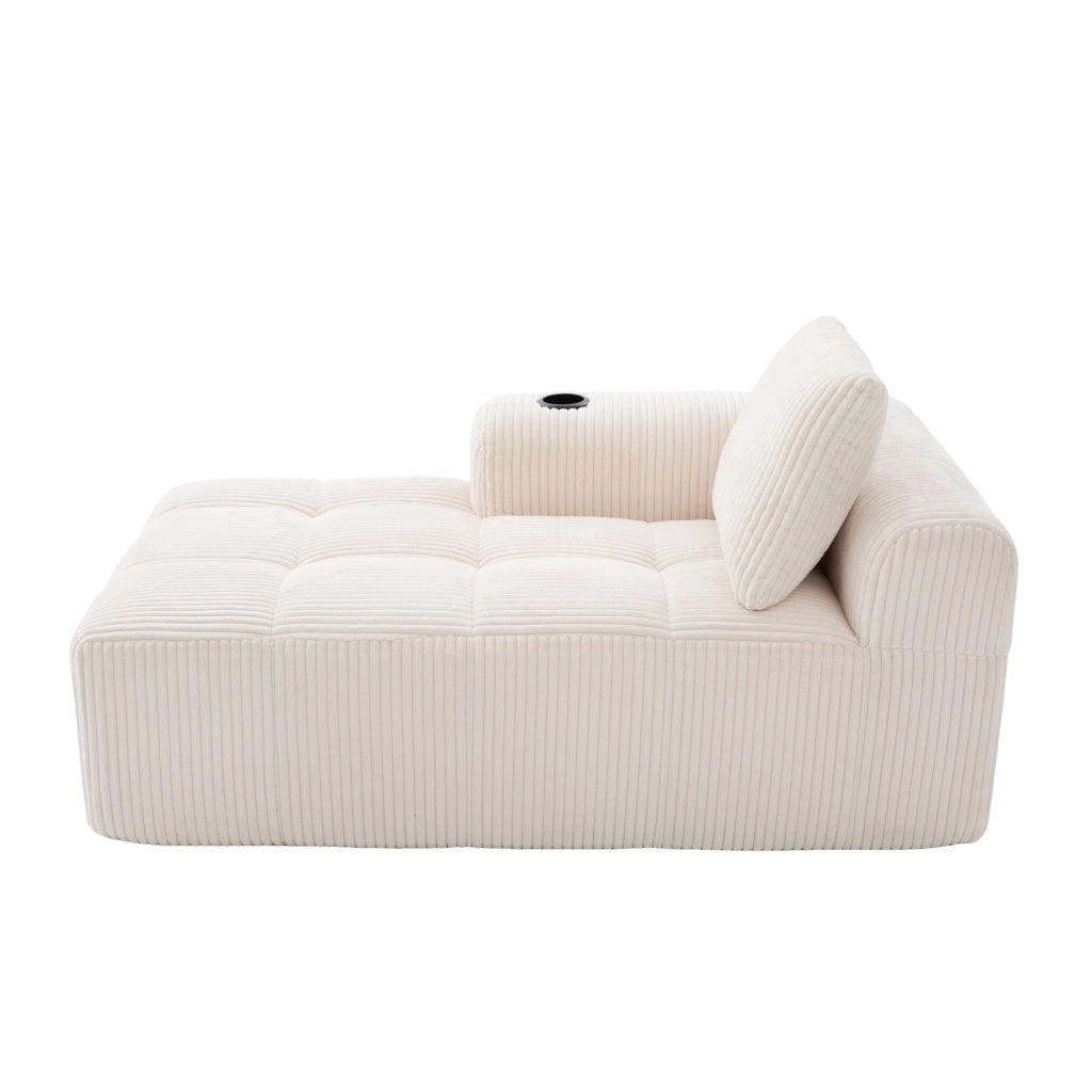 Divano compatto in corduroy beige con tasche laterali e portabicchieri, imbottitura in schiuma ad alta densità e molle, 158x93x61 cm