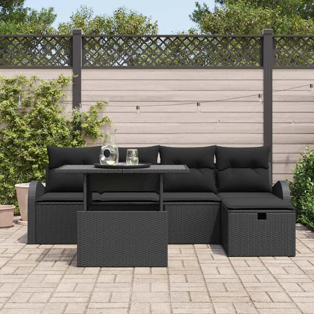Set Divano da Giardino con cuscino 6 pcs Nero Poly Rattan