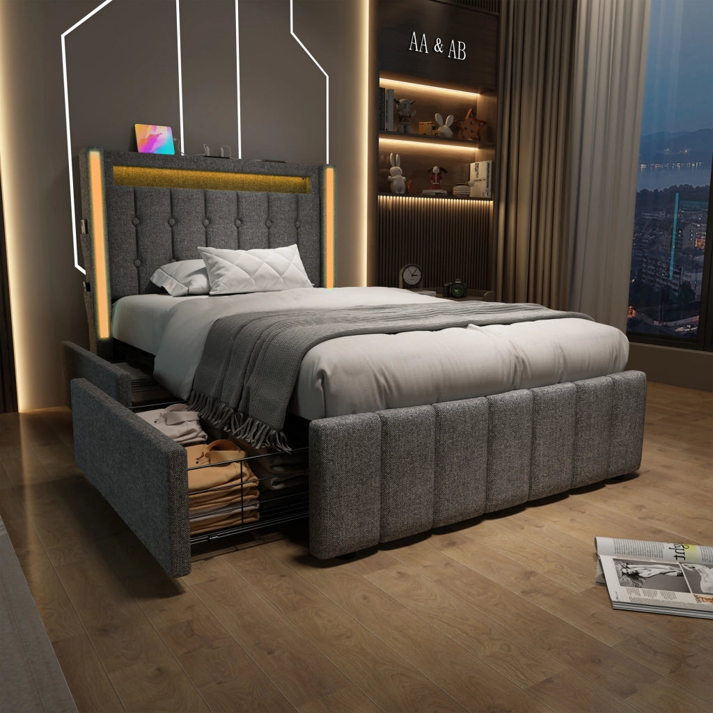 LETTO Singolo 90x200 cm in Lino Grigio con USB Type-C, LED e 2 Cassetti