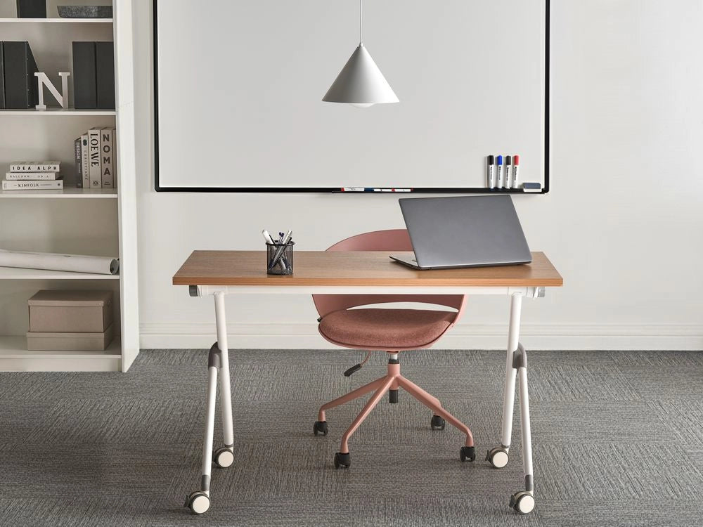 Scrivania da ufficio pieghevole con struttura in metallo marrone e bianco, piano in MFC 120 x 60 cm, tavolo pieghevole portatile con rotelle