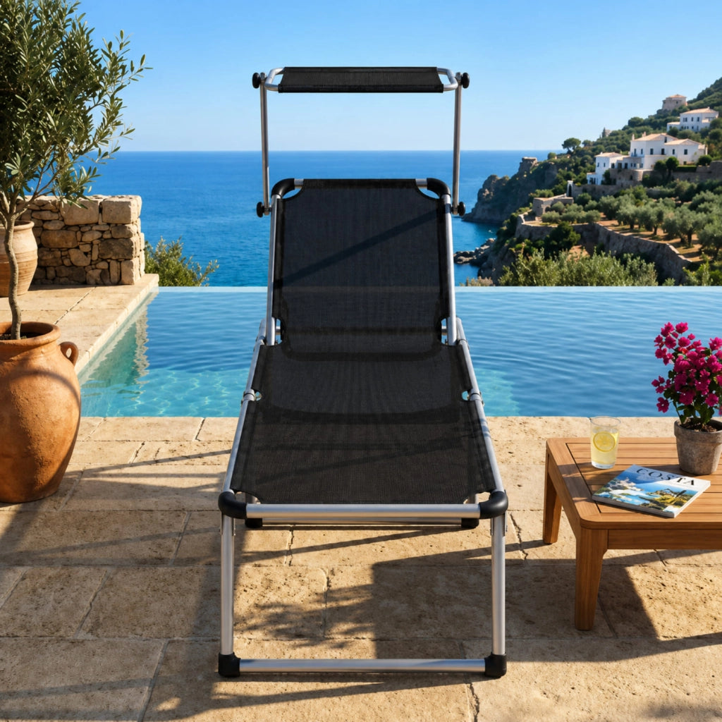 Lettino Pieghevole Prendisole Con Tettuccio Parasole Schienale Reclinabile Regolabile in 6 Posizioni Sedia Sdraio Per Spiaggia Mare Giardino Piscina 187 x 59 x 29 Cm Nero