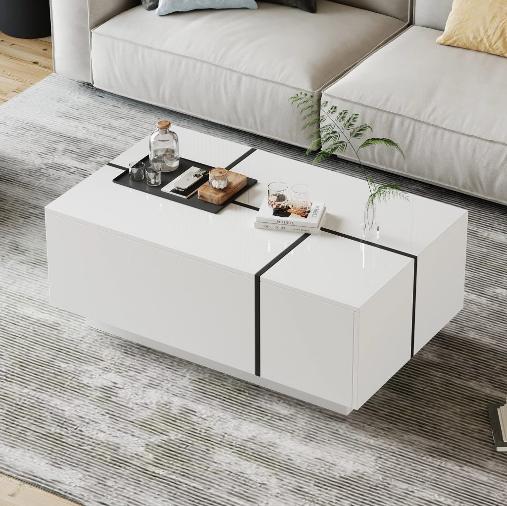 Tavolino da caffè 100x60x40 cm con 4 cassetti e piano lucido in truciolare bianco e nero