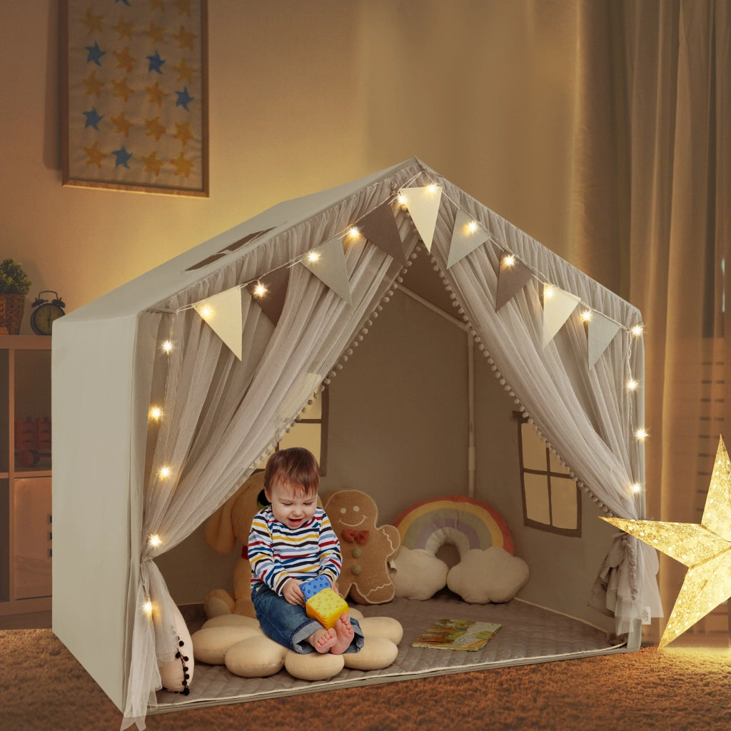 Tenda da gioco per bambini con tende in tessuto e rete luci a stella materassino in cotone-Grande casa da gioco Grigio