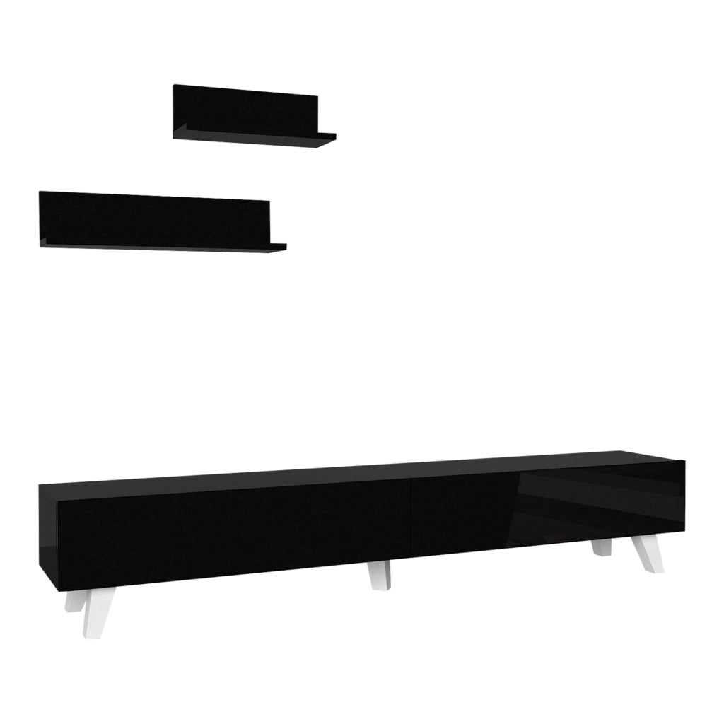 Set di Mobile TV e 2 Mensole da Muro Armadietto Porta TV 180 cm con 2 Ante a Ribalta e Mensole a Forma di L Lunghezze Diverse - Nero [en.casa]