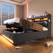 Letto matrimoniale imbottito ULEVR 140x200 cm con contenitore idraulico, LED 360¡ã, USB e Type-C, grigio