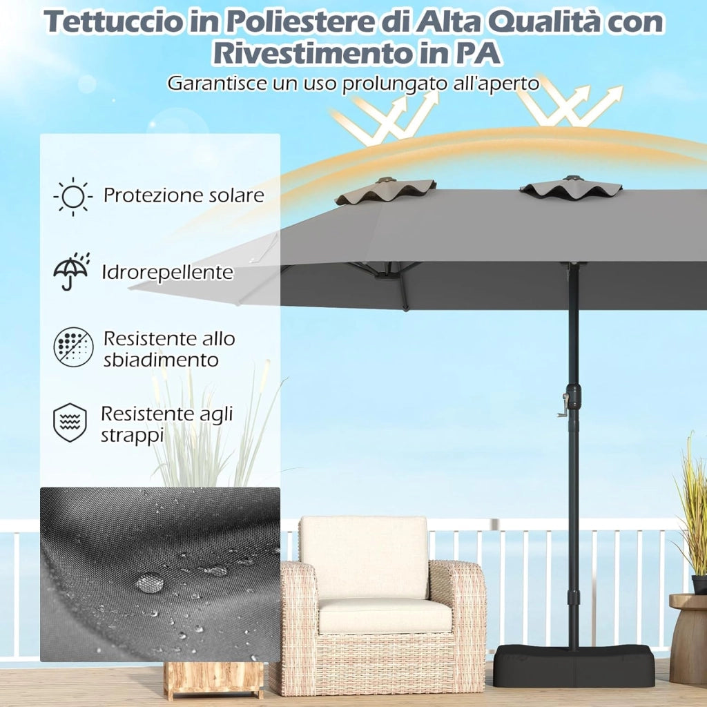 Ombrellone Doppio da Giardino 443 x 263 cm, Ombrello Rettangolare con Sistema a Manovella, Ombrellone da Giardino con Base e 12 Costole, per Sabbia, Cortile (Grigio)