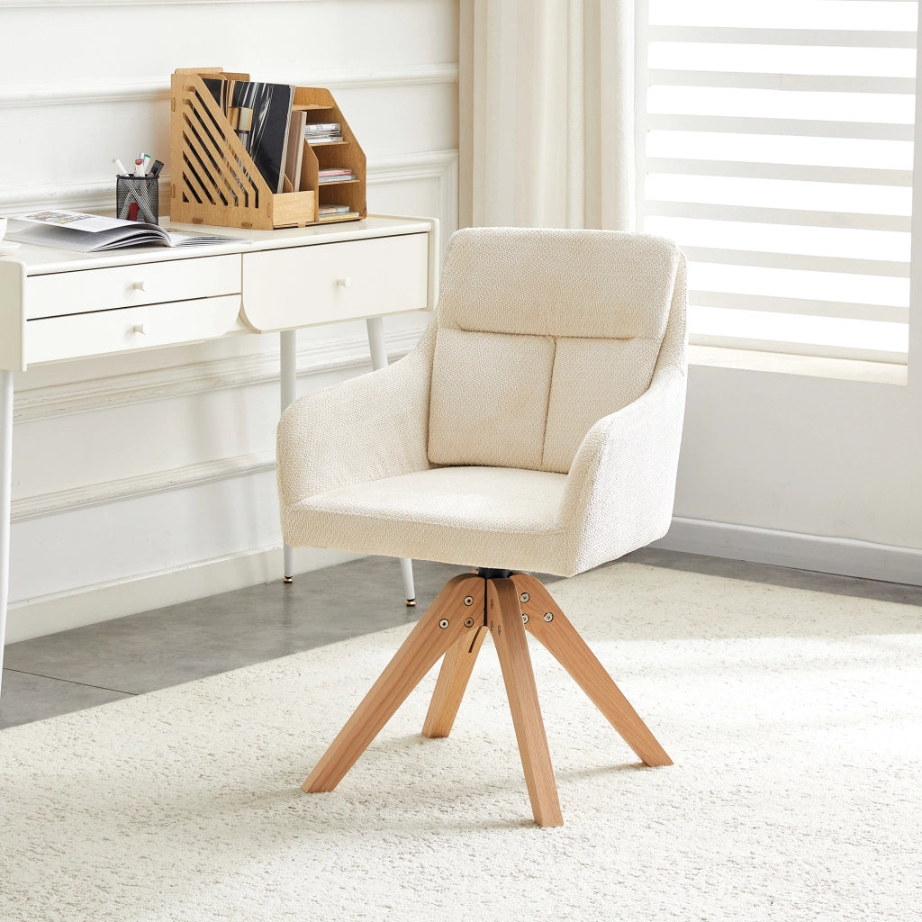 Sedia da Pranzo Set da 2 Girevole a 360° con Schienale Alto e Braccioli in Tessuto Bianco e Legno