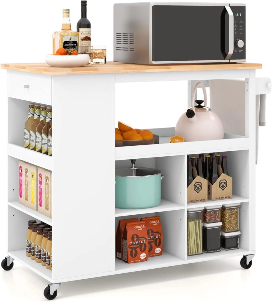 Carrello da cucina con Ruote, Isola da Cucina in Legno con 8 Scomparti, Piano, Cassetto, Portaspezie, Portasciugamani, Carrello di Servizio Multifunzione, 116,5 x 60 x 98,5 cm (Bianco)