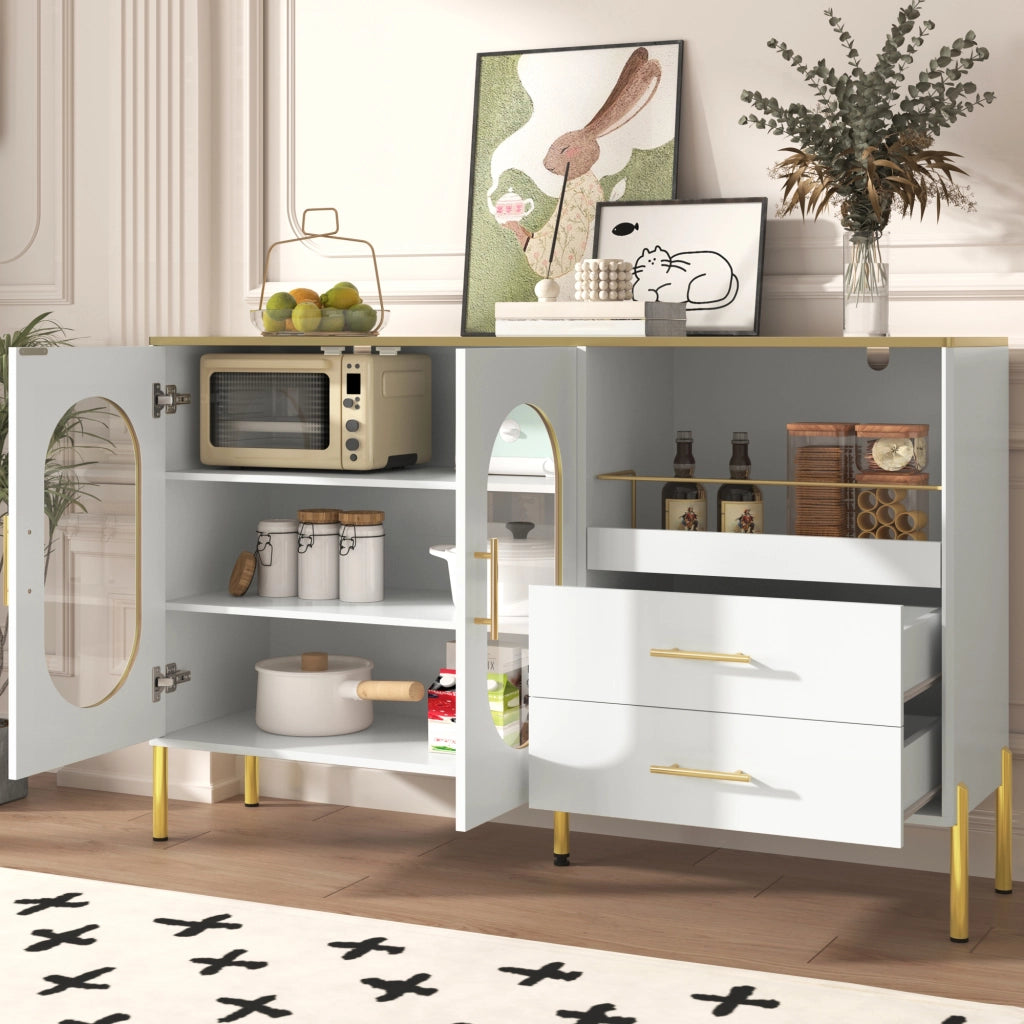 Credenza e Madia con 2 Cassetti e 2 Ante in Vetro; Passacavi; Stile Moderno; in MDF; Bianco; 140??38??90 cm