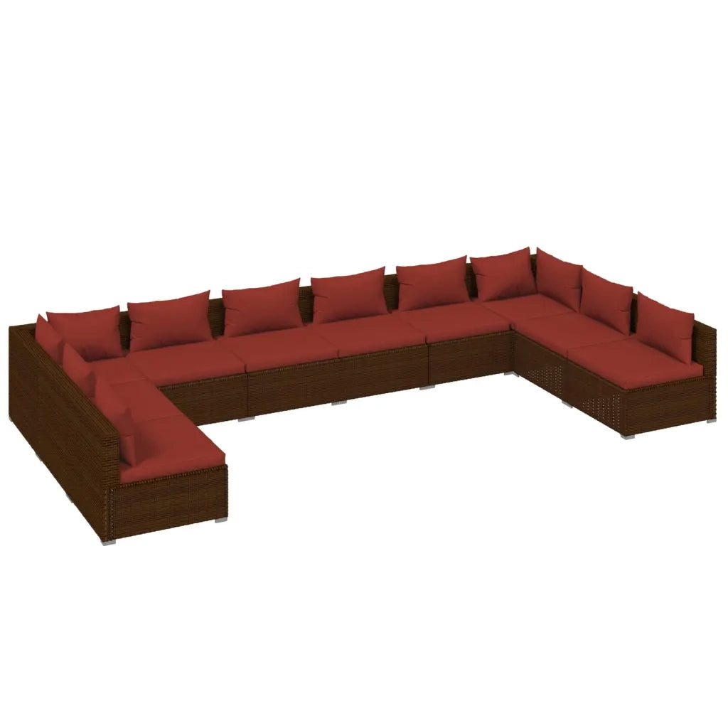 Set Divani da Giardino 10 pz con Cuscini in Polyrattan Marrone