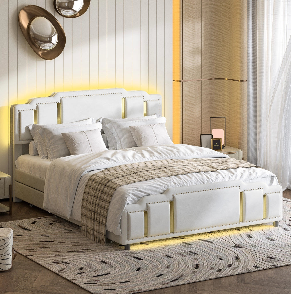Letto matrimoniale 160x200 cm in velluto beige con LED e cassetti