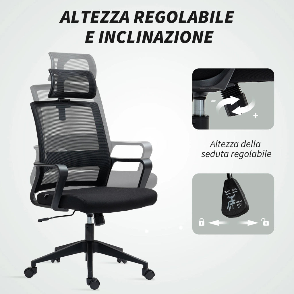 Sedia da Ufficio Ergonomica 60x64Px102-112H cm con Poggiatesta e Altezza Regolabili Nero