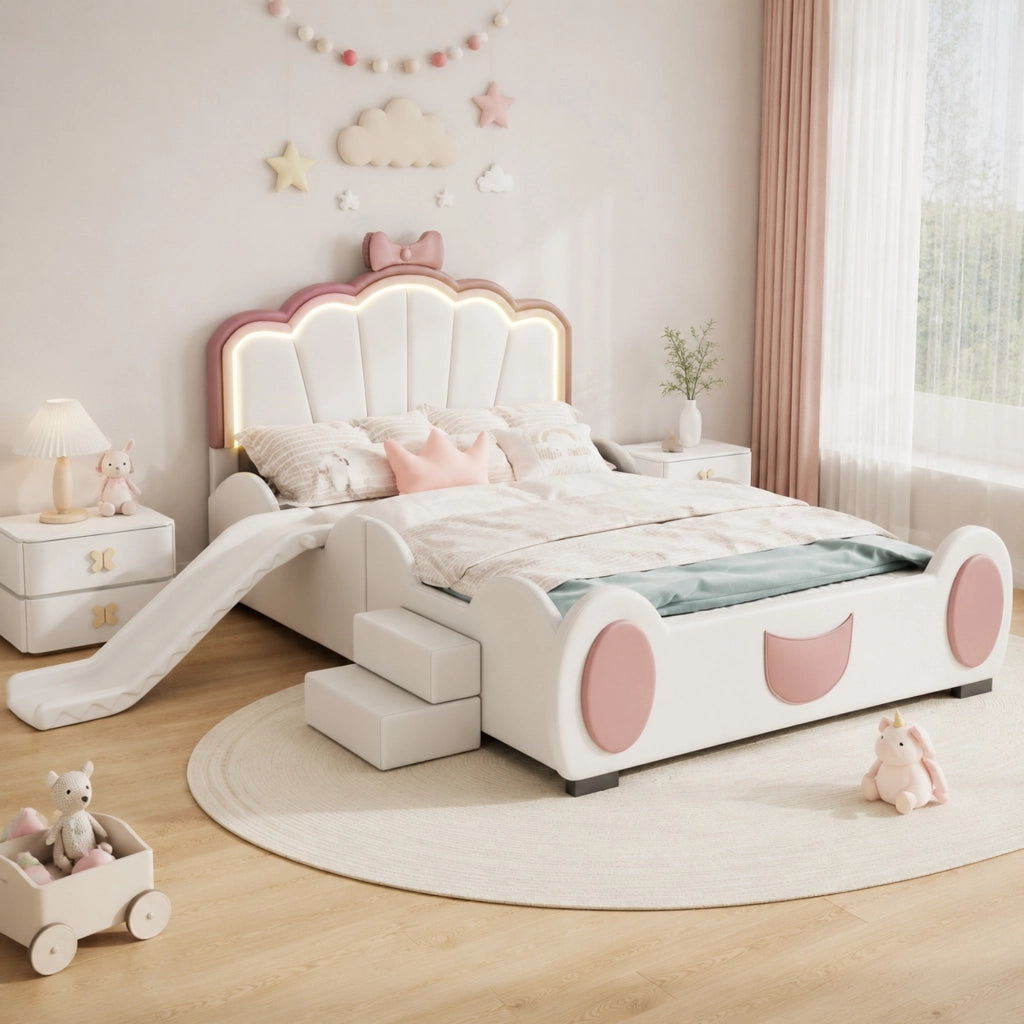Letto per bambini a farfalla con LED e scivolo 140x200 cm