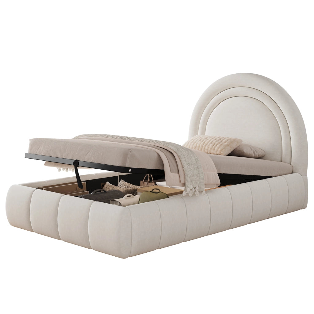 Letto imbottito per bambini 90x200 cm con rete a doghe, contenitore salvaspazio, velluto beige