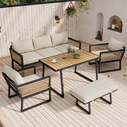 Set da pranzo da giardino set di sdraio da giardino 5 pezzi. Set di mobili da giardino divano a 3 posti 2 poltrone sgabello e tavolo da pranzo piano in legno di plastica braccioli in corda intrecciata acciaio zincato beige