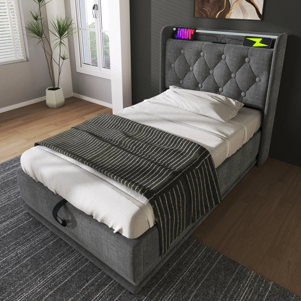 OKWISH Letto Contenitore 90×200 cm, Letto Singolo con LED 360°, USB, Tipo C e Mensole, senza Materasso, in Lino, Grigio