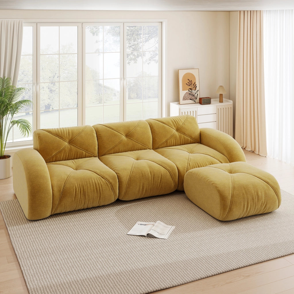 Divano modulare a L con pouf in ciniglia senza telaio e schiuma 32D, senza montaggio, per soggiorno, giallo